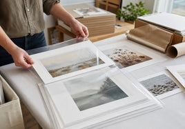Artist placing giclee fine art prints into clear sleeves for an art fair display