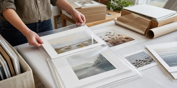 Artist placing giclee fine art prints into clear sleeves for an art fair display