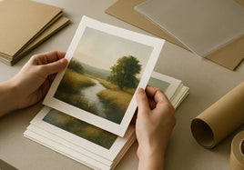Artist reviewing print samples and file notes for small batch giclee fine art prints