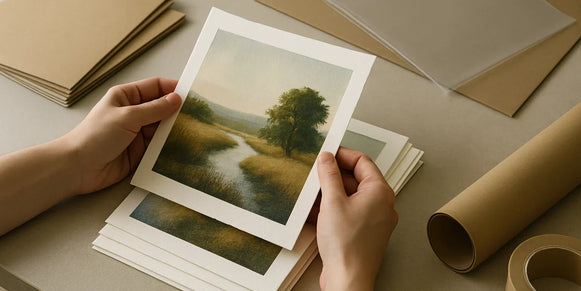 Artist reviewing print samples and file notes for small batch giclee fine art prints