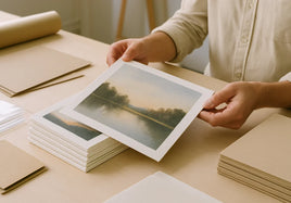 Artist reviewing print samples and file notes for small batch canvas prints