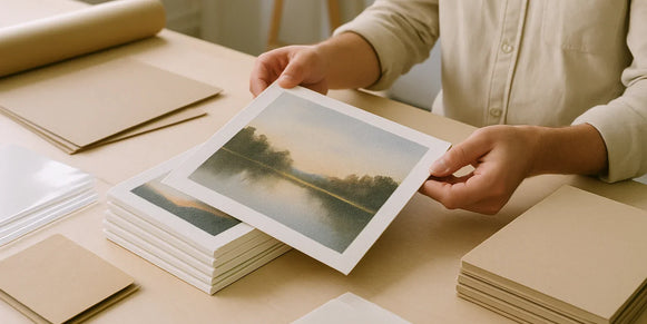 Artist reviewing print samples and file notes for small batch canvas prints