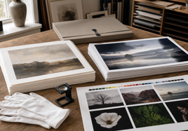 Fine art paper and photo paper samples compared on a studio table