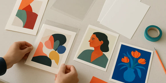 Hands arranging colorful art print samples on a studio table with tape, pencil, and clear sleeves