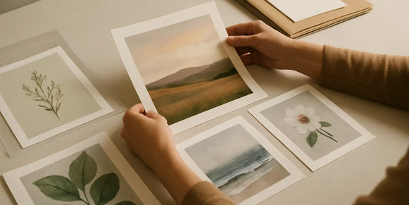 Hands arranging distinct archival pigment print samples on a clean studio tabletop.