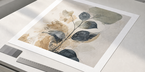 Giclee print under angled light with paper texture, color reference, and border detail