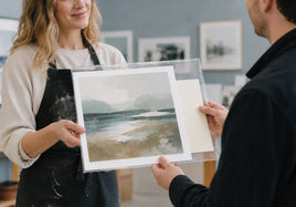 Artist handing a protected paper art print with a blank care insert to a buyer