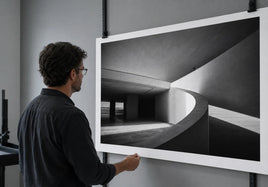 A photographer inspecting shadow and midtone detail in a large black-and-white architectural print.