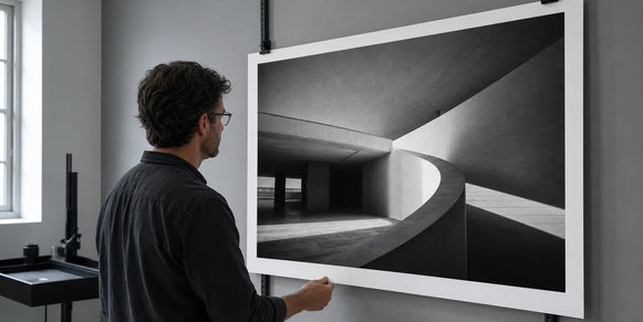 A photographer inspecting shadow and midtone detail in a large black-and-white architectural print.