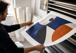 Artist lifting a large abstract fine art print from a studio paper rack