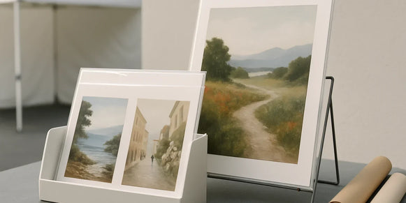 Sleeved art prints in a table bin with a propped display print and nearby packing materials