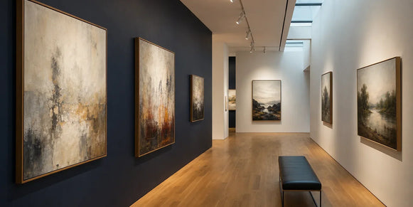 Contemporary art gallery interior with framed artwork and a dark accent wall