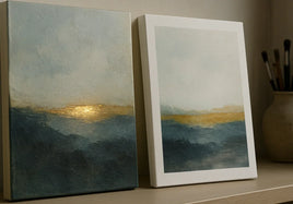 Gold-leaf mixed-media original catching side light beside a flat giclée paper reproduction of the same composition
