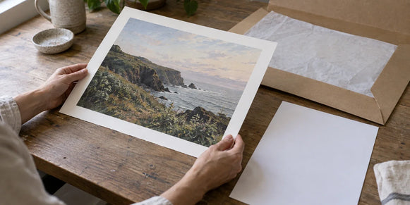 Artist reviewing one finished print, its product specifications, and packaging before automating fulfillment