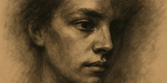 Charcoal portrait with crisp eyes and lips emerging from soft, grainy shadows on warm paper.