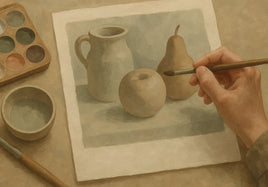 Artist painting a muted gouache still life of a jug and fruit with soft shadows and selective edges.
