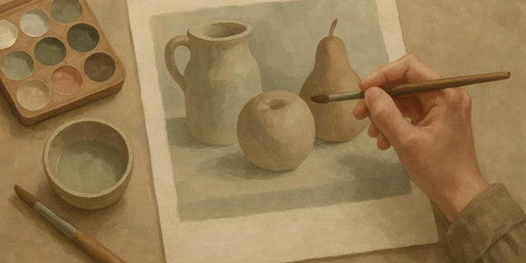 Artist painting a muted gouache still life of a jug and fruit with soft shadows and selective edges.