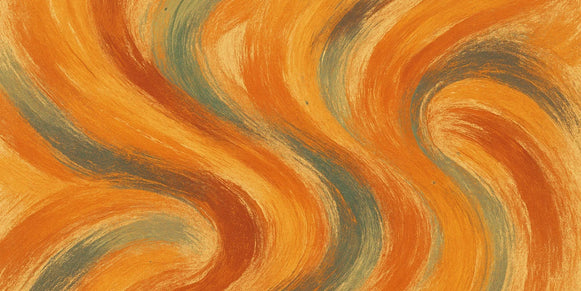 Sweeping orange, rust, and blue-gray drybrush trails create rhythm across an abstract painterly composition.