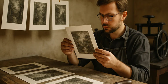 A printmaker inspects one impression while related landscape prints dry nearby in the workshop.