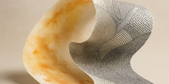 Curled textured paper transitioning from warm watercolor washes to crisp black ink patterns.