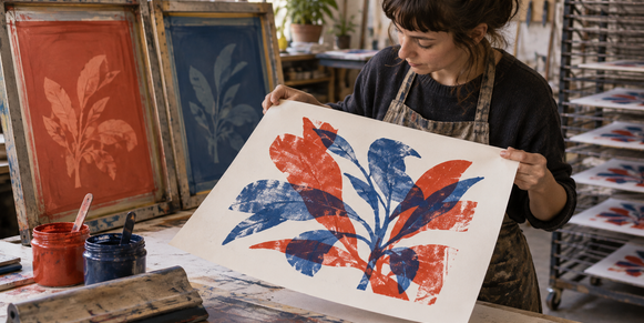 Printmaker inspects a red-and-blue layered botanical screenprint beside screens, inks, and a squeegee in a working studio.