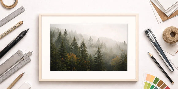 Fine art print with white border next to framing tools illustrating border and sizing choices