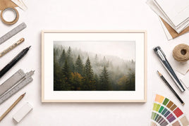 Fine art print with white border next to framing tools illustrating border and sizing choices