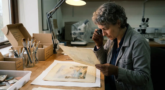 A scientist examines an old print in a lab