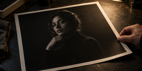 Matte low-key portrait proof under a viewing lamp, with the face, hand, hair, and shoulder distinct from the dark background.