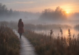 Intentionally soft photograph of a figure on a foggy boardwalk, with the silhouette and pale path guiding the eye.