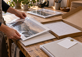 Hands sleeve a fine art print beside backing boards, an open mailer, and a blank packing record card.