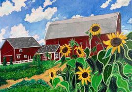 Sunflower and red barn painting by Sharay Lawson