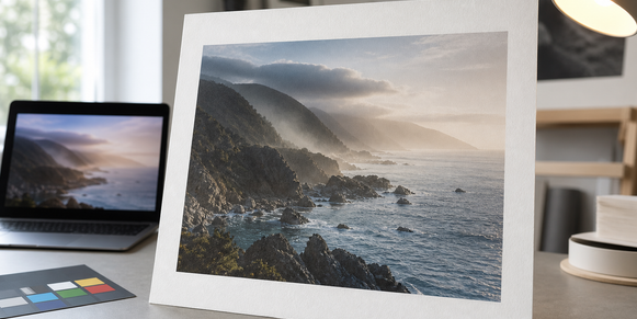 Art print proof compared with a dim screen preview in a studio color check