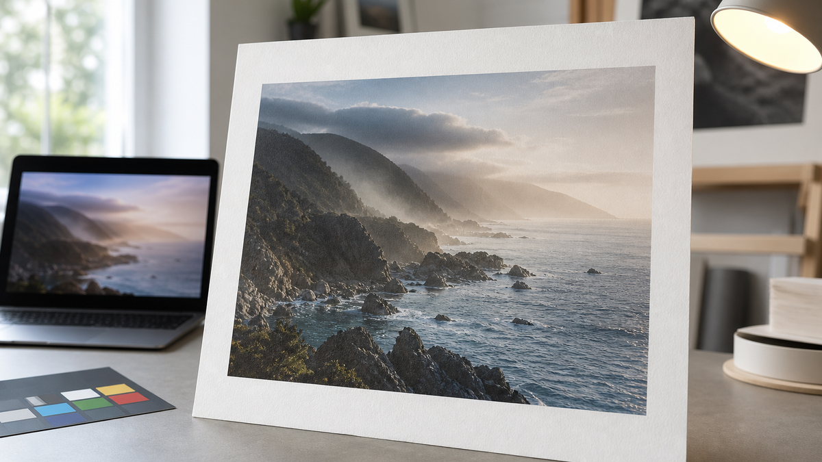 Art print proof compared with a dim screen preview in a studio color check