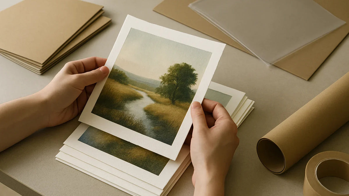Artist reviewing print samples and file notes for small batch giclee fine art prints
