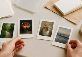 Artist reviewing print samples and file notes for mini prints guide