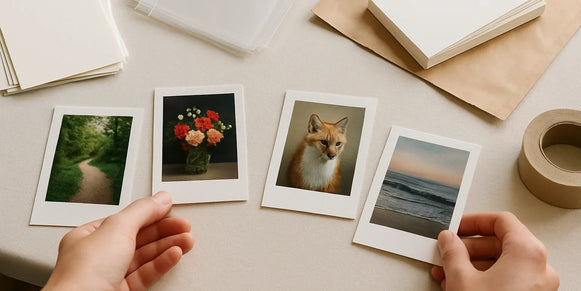 Artist reviewing print samples and file notes for mini prints guide