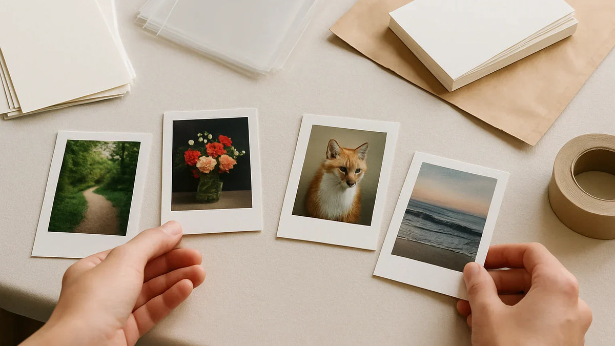 Artist reviewing print samples and file notes for mini prints guide