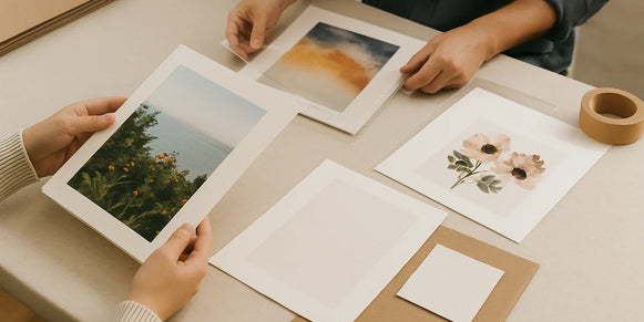 Artist reviewing print samples and file notes for when to use mounted prints