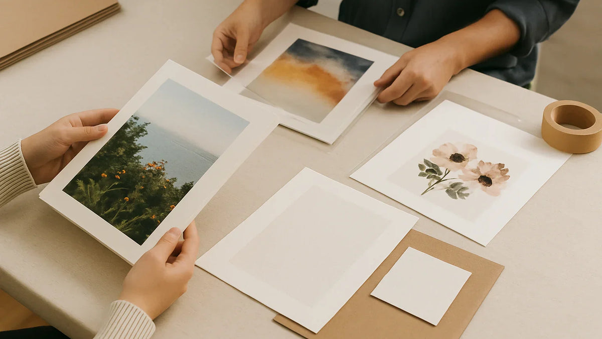 Artist reviewing print samples and file notes for when to use mounted prints