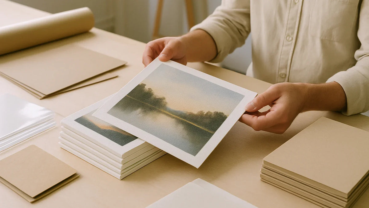 Artist reviewing print samples and file notes for small batch canvas prints