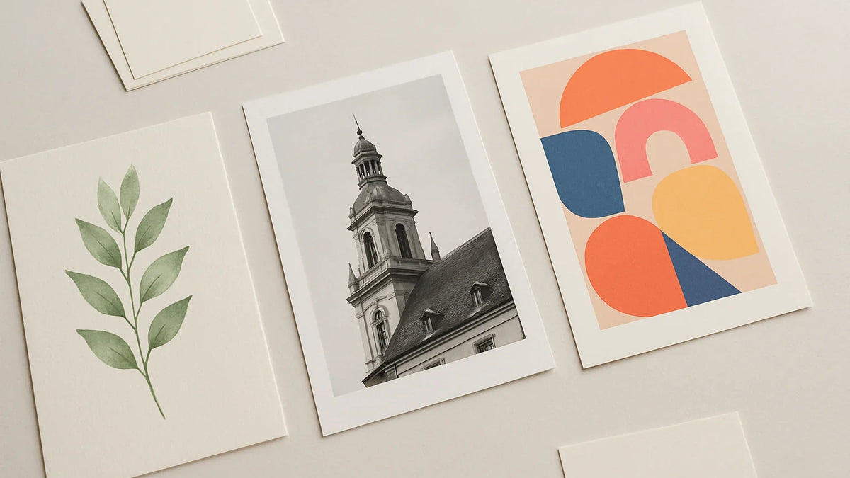 Three distinct custom art prints on fine art and photo papers on a studio table