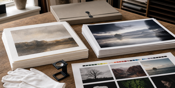 Fine art paper and photo paper samples compared on a studio table