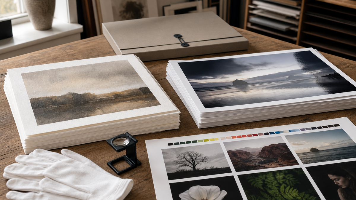 Fine art paper and photo paper samples compared on a studio table