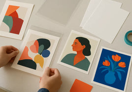 Hands arranging colorful art print samples on a studio table with tape, pencil, and clear sleeves