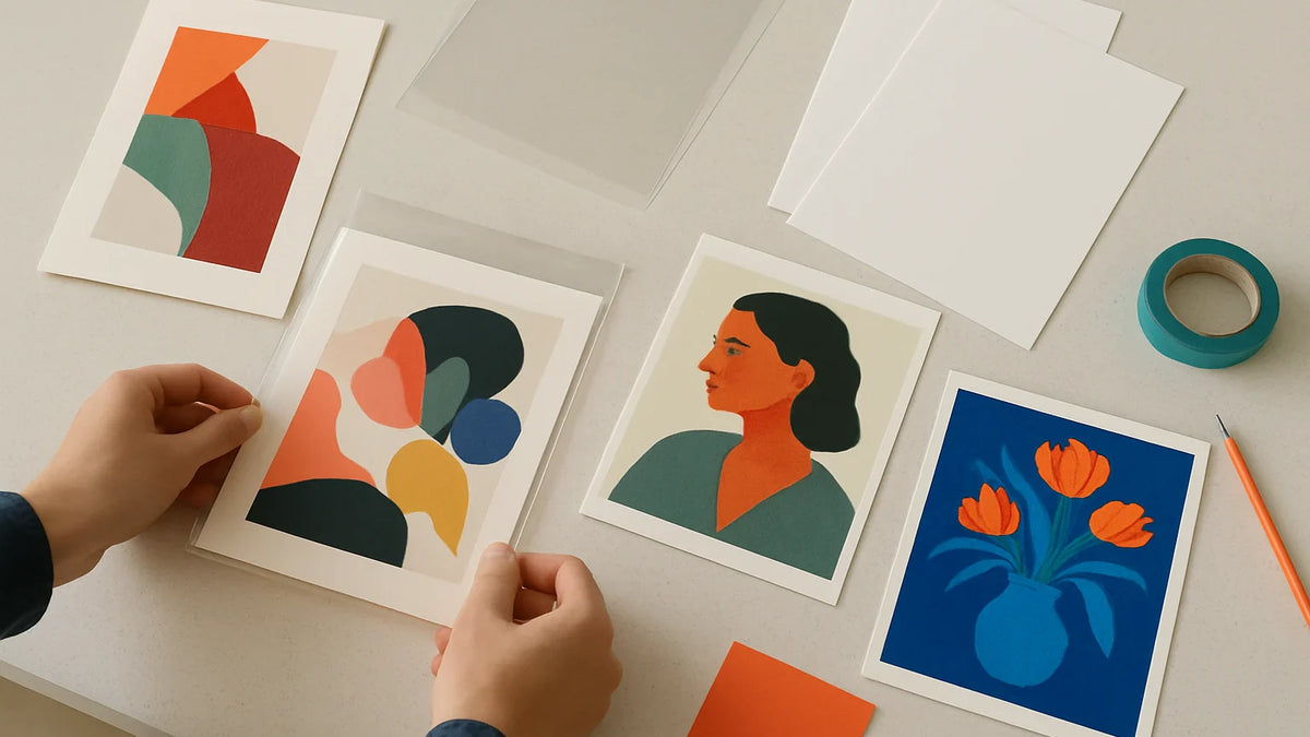 Hands arranging colorful art print samples on a studio table with tape, pencil, and clear sleeves