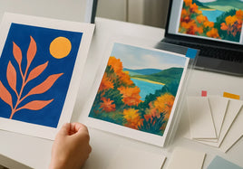 Hands comparing colorful proof prints and paper swatches on a studio table