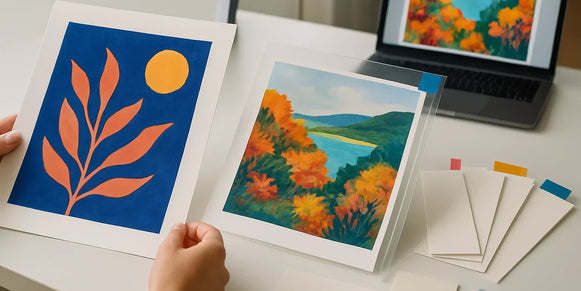 Hands comparing colorful proof prints and paper swatches on a studio table