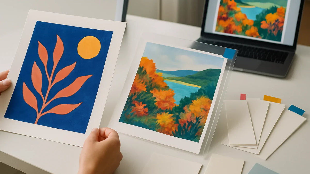 Hands comparing colorful proof prints and paper swatches on a studio table