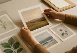 Hands arranging distinct archival pigment print samples on a clean studio tabletop.
